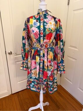 NWT Lai Meng Five Cats Floral Pleated High Collar with Belt Dress Size L